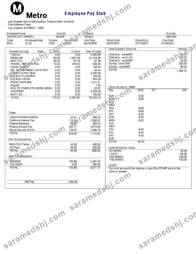 Los Angeles County Metropolitan Transportation Authority employee pay stub.pdf, 1